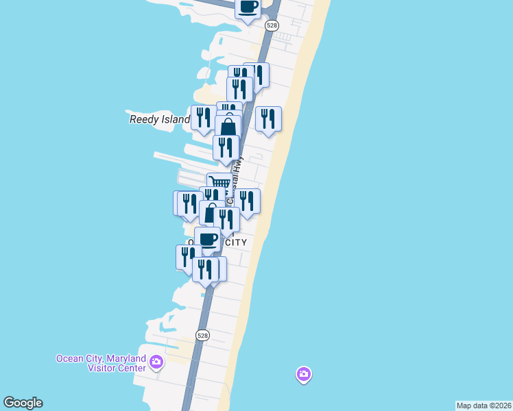 map of restaurants, bars, coffee shops, grocery stores, and more near 5101 Atlantic Avenue in Ocean City