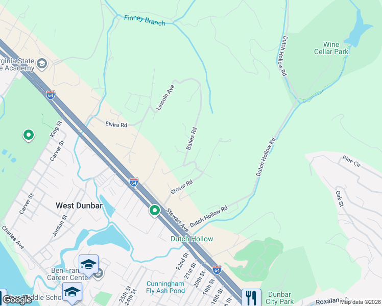 map of restaurants, bars, coffee shops, grocery stores, and more near 72 Jackson Road in Dunbar
