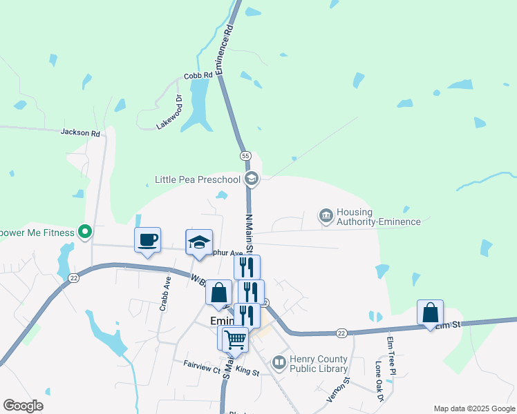 map of restaurants, bars, coffee shops, grocery stores, and more near in Eminence