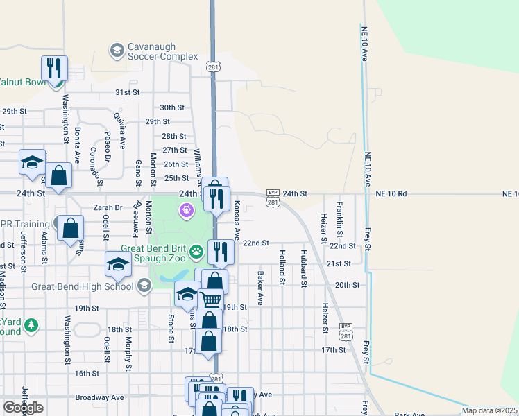 map of restaurants, bars, coffee shops, grocery stores, and more near 1809 24th Street in Great Bend