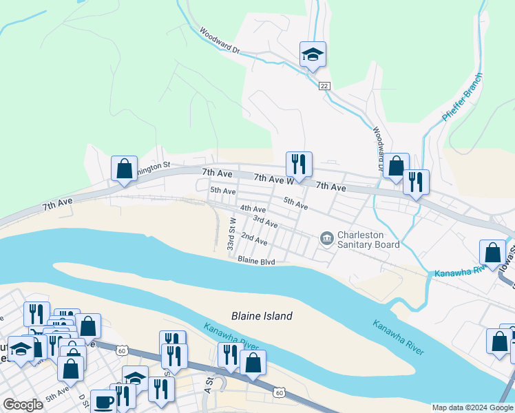 map of restaurants, bars, coffee shops, grocery stores, and more near 3110 4th Avenue in Charleston