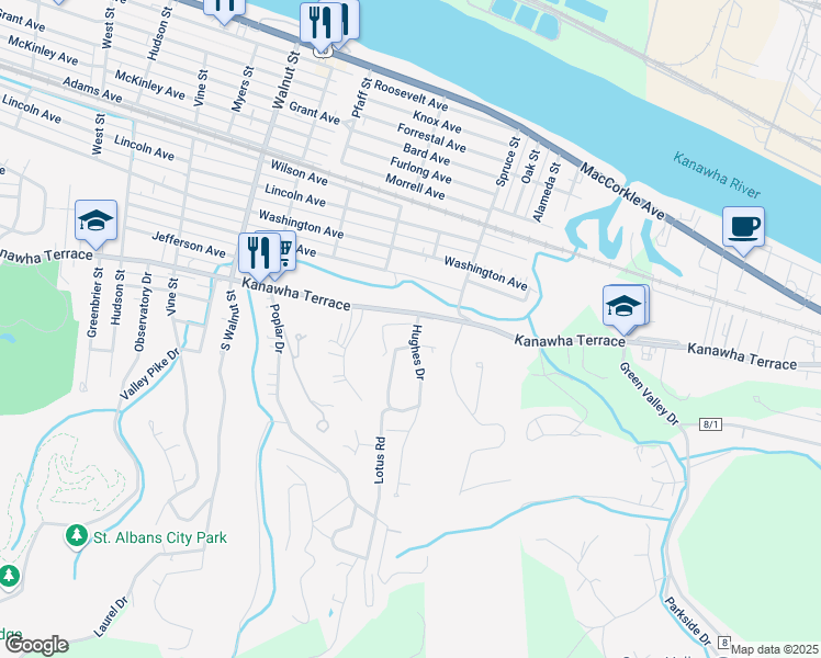 map of restaurants, bars, coffee shops, grocery stores, and more near 2727 Kanawha Terrace in Saint Albans