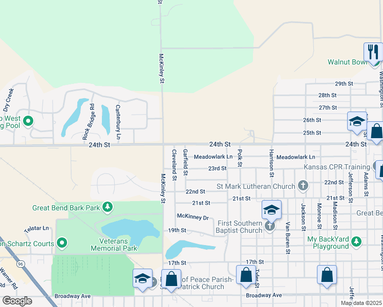 map of restaurants, bars, coffee shops, grocery stores, and more near 3601-3799 24th Street in Great Bend