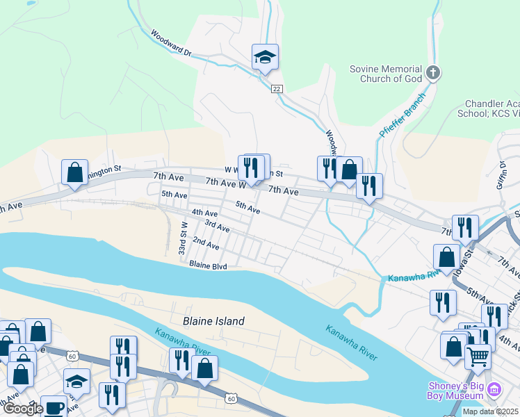 map of restaurants, bars, coffee shops, grocery stores, and more near 502 29th Street West in Charleston
