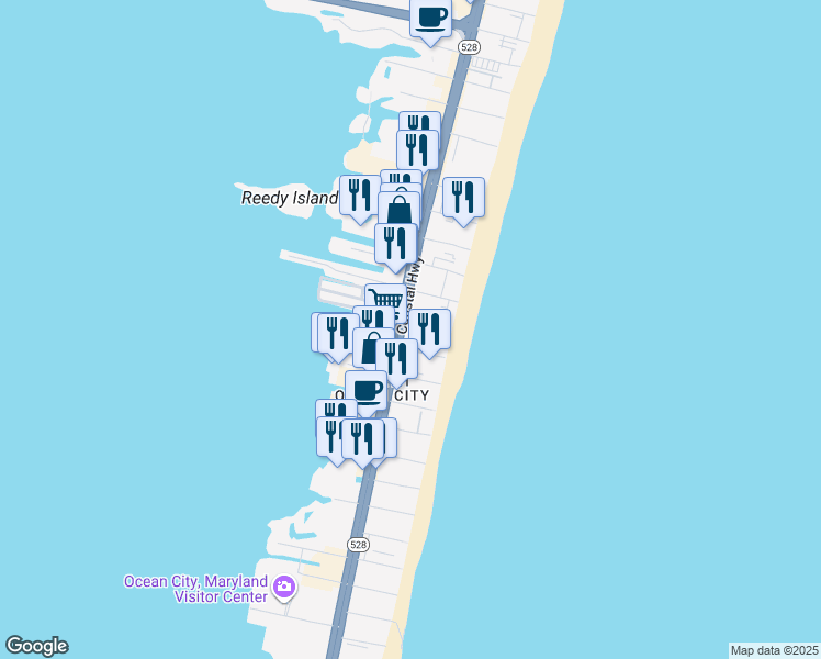 map of restaurants, bars, coffee shops, grocery stores, and more near 15 51st Street in Ocean City