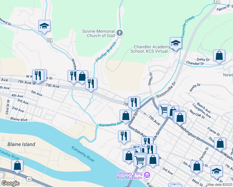 map of restaurants, bars, coffee shops, grocery stores, and more near 2102 West Washington Street in Charleston