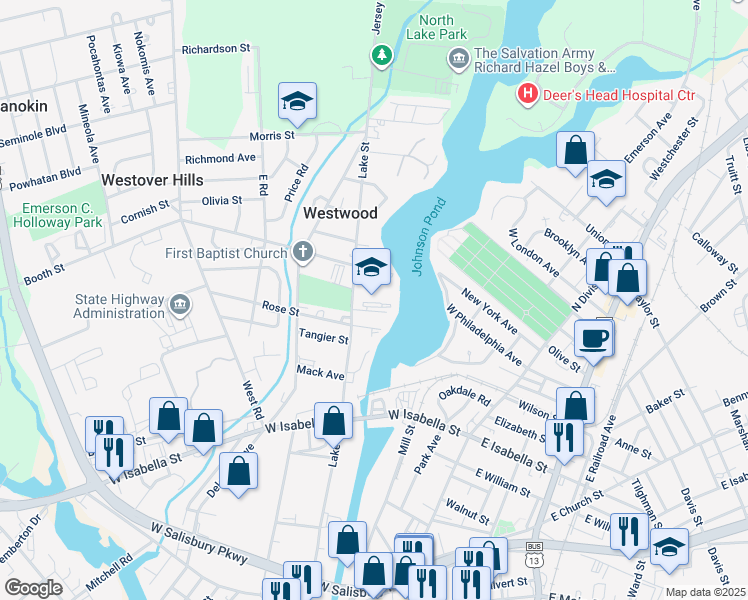 map of restaurants, bars, coffee shops, grocery stores, and more near 711 Lake Street in Salisbury