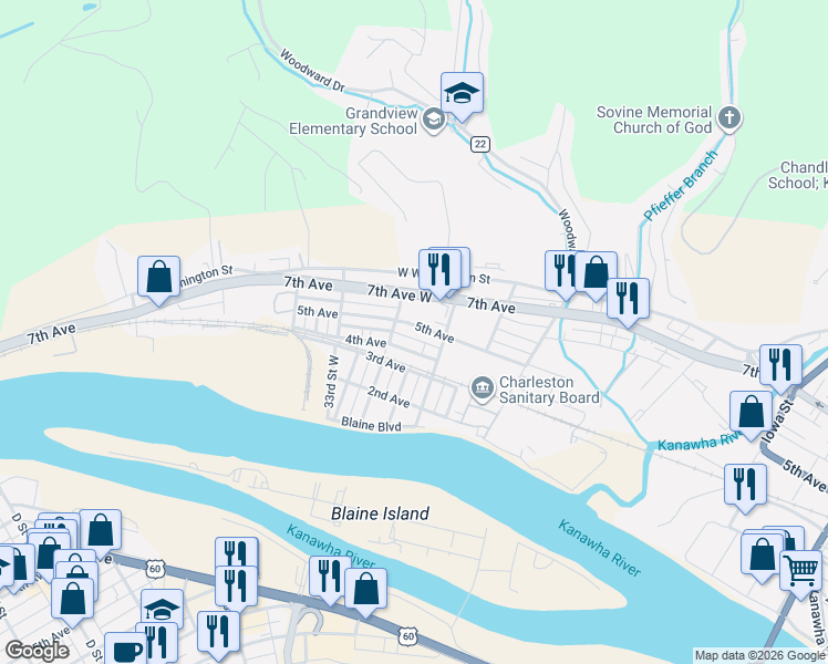 map of restaurants, bars, coffee shops, grocery stores, and more near 2915 5th Ave in Charleston