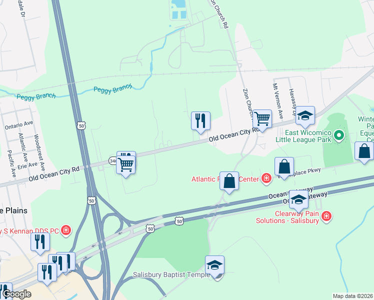 map of restaurants, bars, coffee shops, grocery stores, and more near 31245 Old Ocean City Road in Salisbury