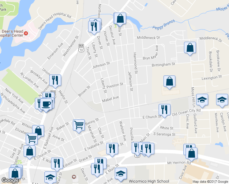 map of restaurants, bars, coffee shops, grocery stores, and more near 409 Dover Street in Salisbury
