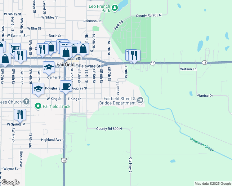 map of restaurants, bars, coffee shops, grocery stores, and more near 401-499 Southeast 8th Street in Fairfield