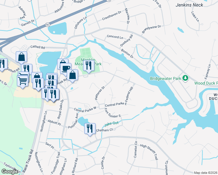 map of restaurants, bars, coffee shops, grocery stores, and more near 46 Hatteras Street in Berlin