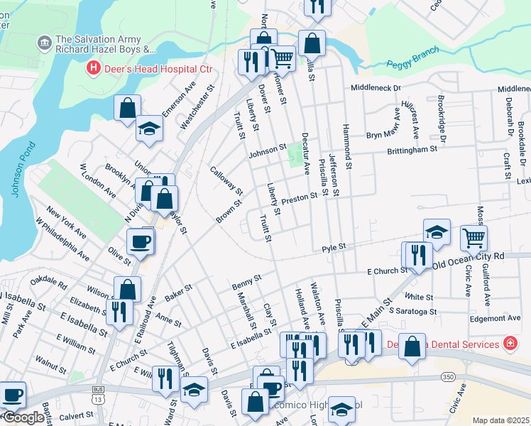 map of restaurants, bars, coffee shops, grocery stores, and more near 413 Truitt Street in Salisbury