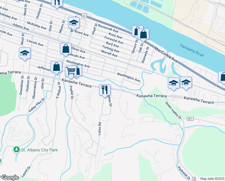 map of restaurants, bars, coffee shops, grocery stores, and more near 2727 Kanawha Terrace in Saint Albans
