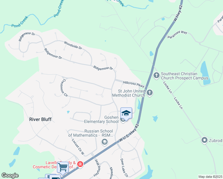 map of restaurants, bars, coffee shops, grocery stores, and more near 12518 Ridgemoor Drive in Prospect