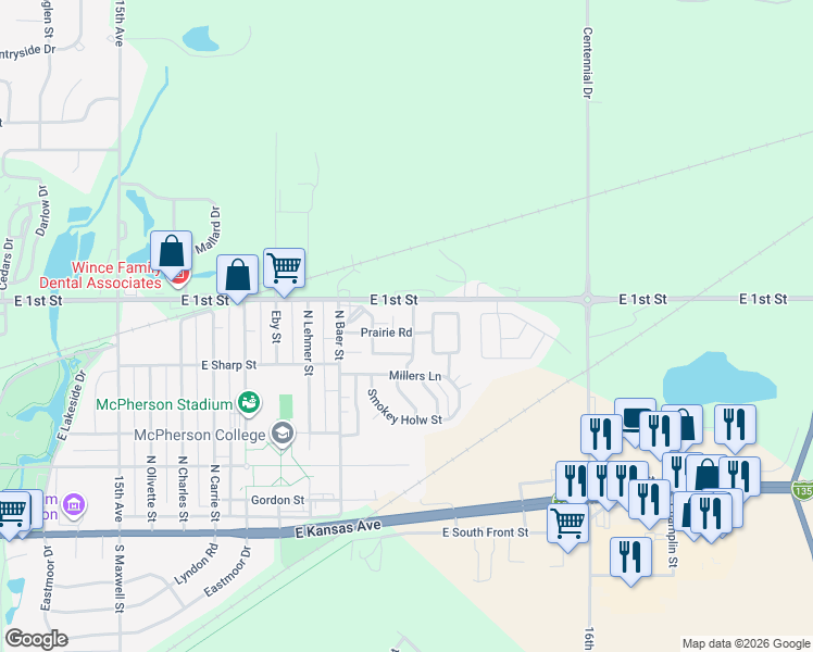map of restaurants, bars, coffee shops, grocery stores, and more near 101 Hummingbird Drive in McPherson