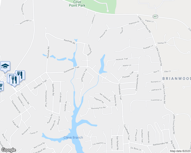 map of restaurants, bars, coffee shops, grocery stores, and more near 652 Mesquite Trail in Lusby