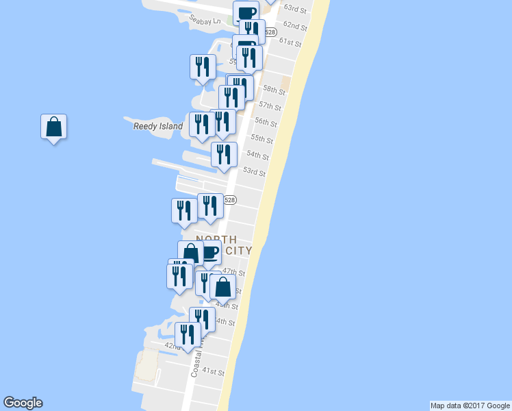 map of restaurants, bars, coffee shops, grocery stores, and more near 5103 Atlantic Ave in Ocean City