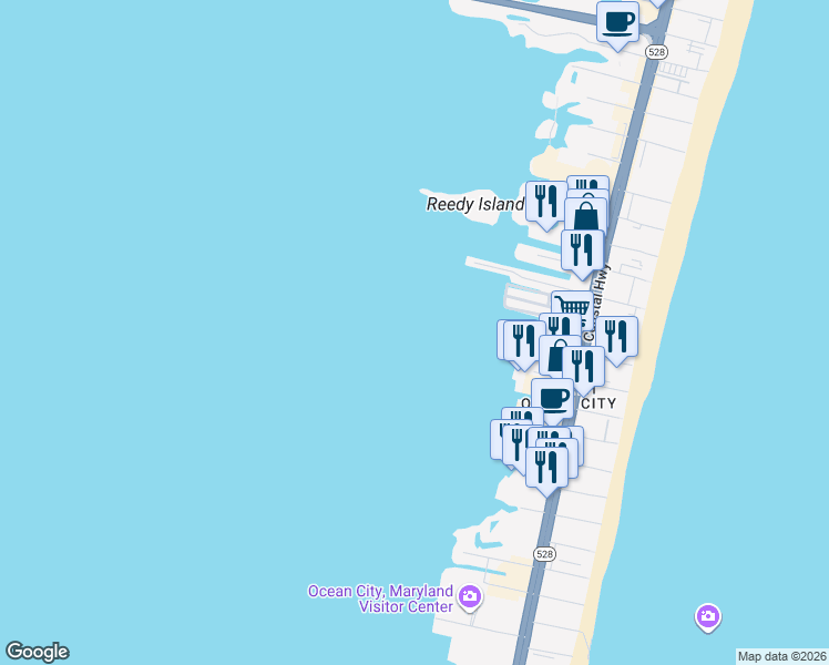 map of restaurants, bars, coffee shops, grocery stores, and more near 222 52nd Street in Ocean City