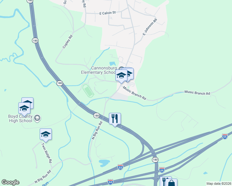 map of restaurants, bars, coffee shops, grocery stores, and more near 12526-12528 Midland Trail Road in Ashland