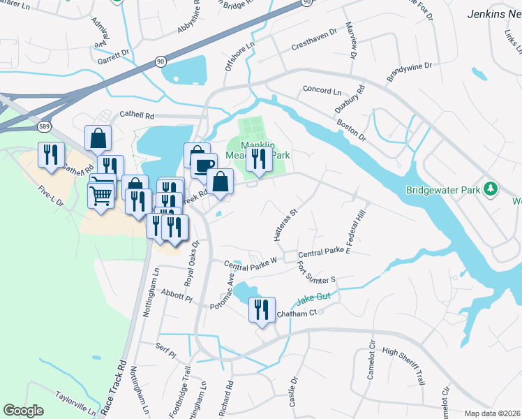 map of restaurants, bars, coffee shops, grocery stores, and more near 16 Carnegie Place in Ocean Pines