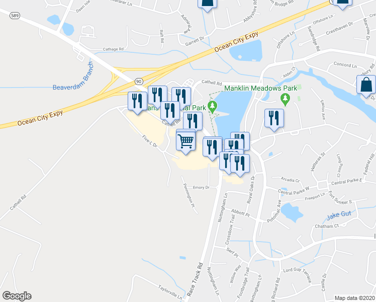 map of restaurants, bars, coffee shops, grocery stores, and more near 11007 Manklin Creek Road in Berlin