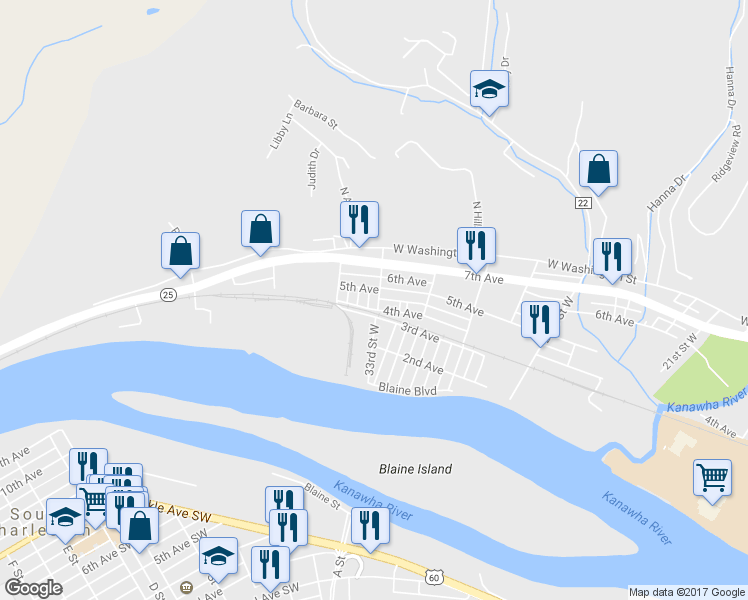 map of restaurants, bars, coffee shops, grocery stores, and more near 407 33rd St W in Charleston