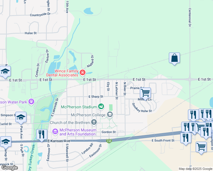 map of restaurants, bars, coffee shops, grocery stores, and more near 531 Eby Street in McPherson