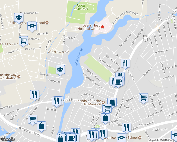 map of restaurants, bars, coffee shops, grocery stores, and more near 305 New York Avenue in Salisbury