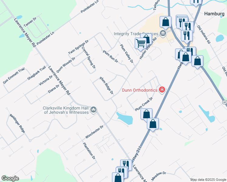 map of restaurants, bars, coffee shops, grocery stores, and more near 1003 Plum Ridge Drive in Sellersburg