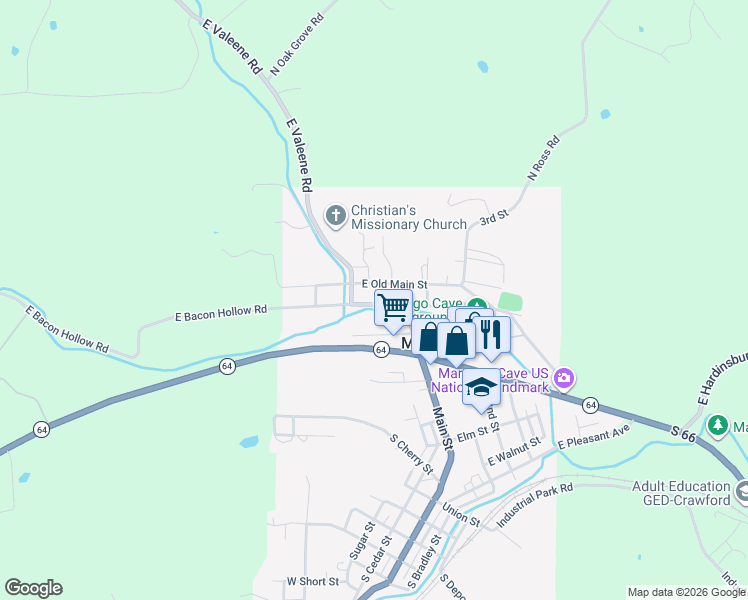 map of restaurants, bars, coffee shops, grocery stores, and more near 210 West Old Water Street in Marengo