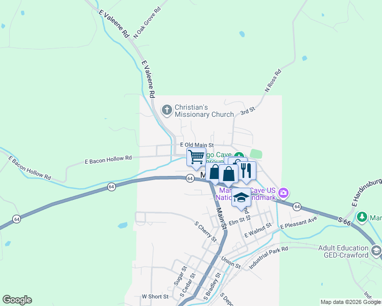 map of restaurants, bars, coffee shops, grocery stores, and more near 210 West Old Water Street in Marengo
