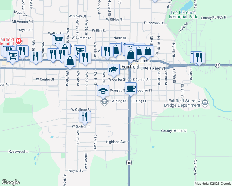 map of restaurants, bars, coffee shops, grocery stores, and more near 401-447 Southwest 2nd Street in Fairfield