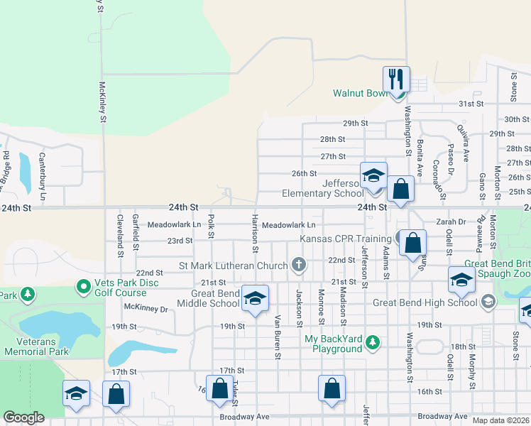 map of restaurants, bars, coffee shops, grocery stores, and more near 3201 24th Street in Great Bend