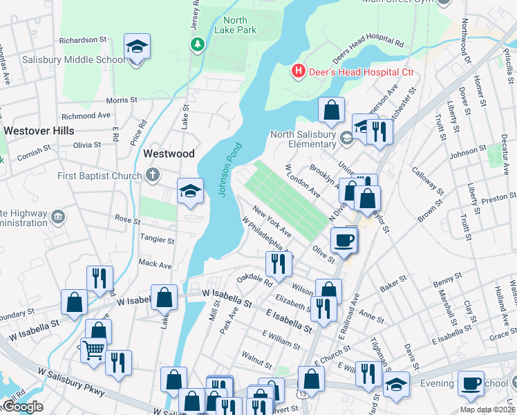 map of restaurants, bars, coffee shops, grocery stores, and more near 307 New York Avenue in Salisbury