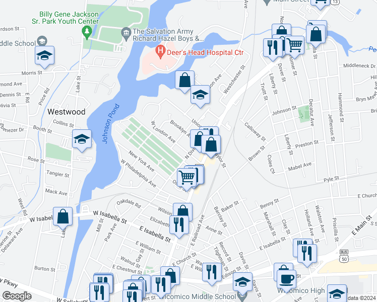 map of restaurants, bars, coffee shops, grocery stores, and more near 1002 North Division Street in Salisbury