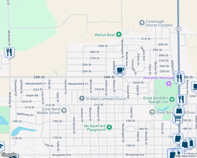 map of restaurants, bars, coffee shops, grocery stores, and more near 2821 24th Street in Great Bend