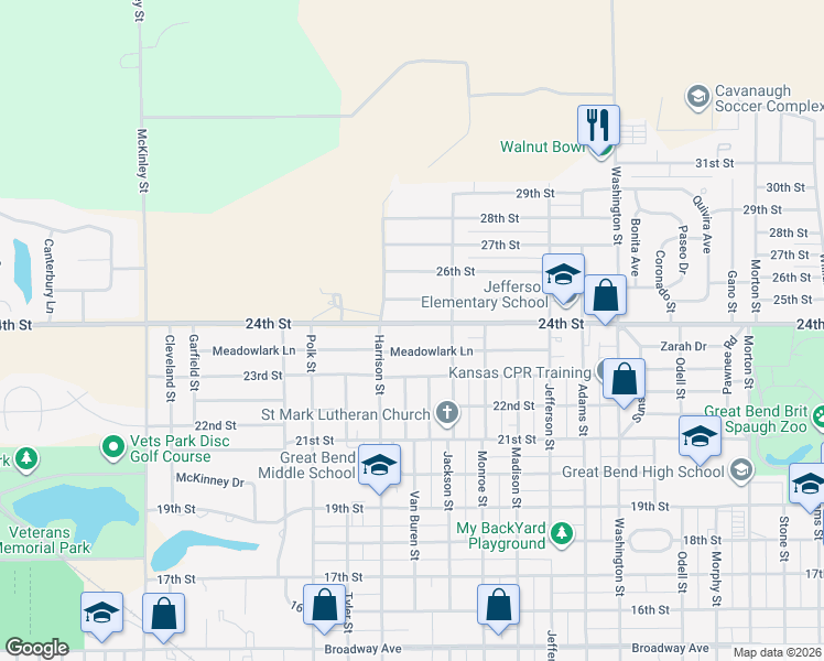 map of restaurants, bars, coffee shops, grocery stores, and more near 3201 24th Street in Great Bend