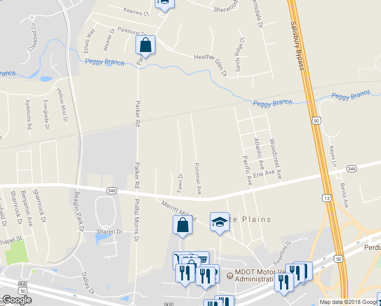 map of restaurants, bars, coffee shops, grocery stores, and more near 210 Potomac Avenue in Salisbury