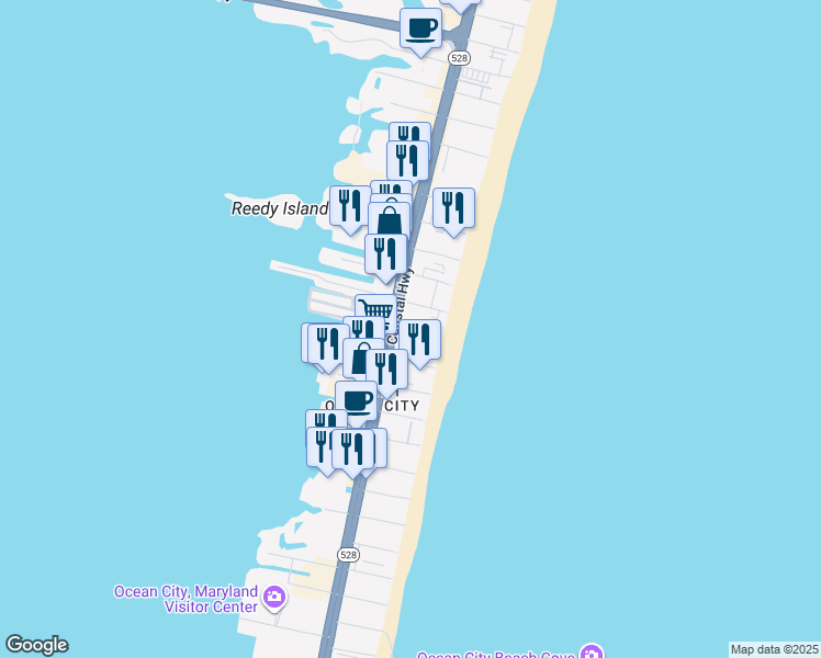 map of restaurants, bars, coffee shops, grocery stores, and more near 16 51st Street in Ocean City