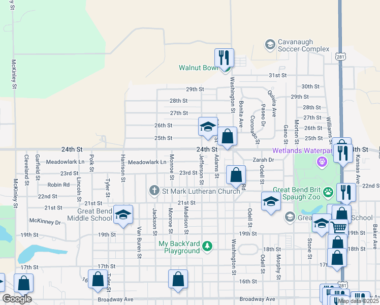 map of restaurants, bars, coffee shops, grocery stores, and more near 2821 24th Street in Great Bend