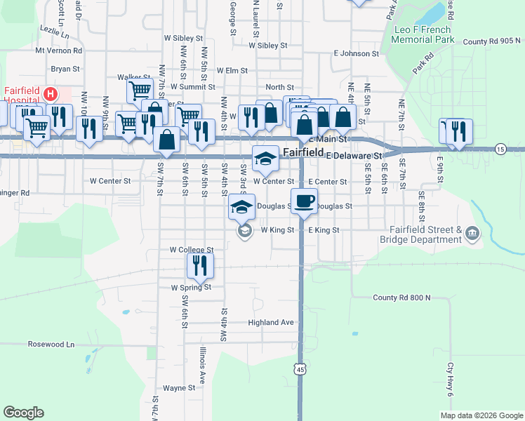 map of restaurants, bars, coffee shops, grocery stores, and more near 401 Southwest 2nd Street in Fairfield