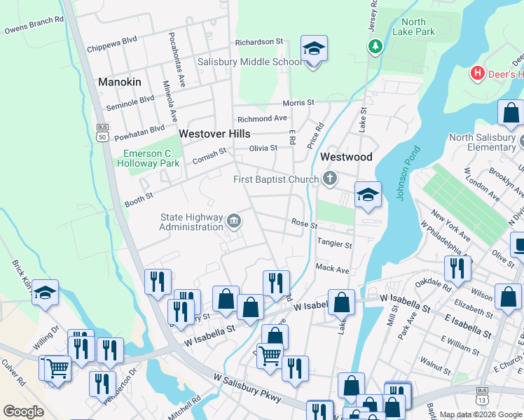 map of restaurants, bars, coffee shops, grocery stores, and more near 719 Rose Street in Salisbury