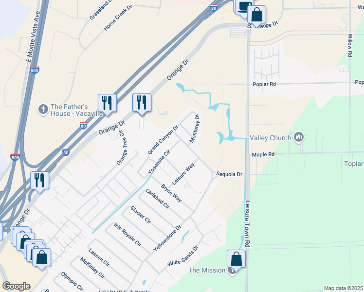map of restaurants, bars, coffee shops, grocery stores, and more near 100 Sequoia Drive in Vacaville