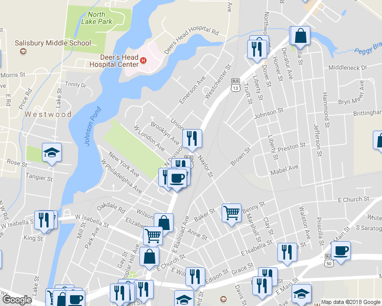 map of restaurants, bars, coffee shops, grocery stores, and more near 1016 N Salisbury Blvd in Salisbury