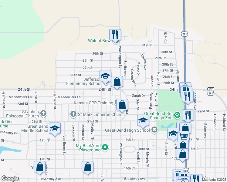 map of restaurants, bars, coffee shops, grocery stores, and more near 2337 Washington Street in Great Bend