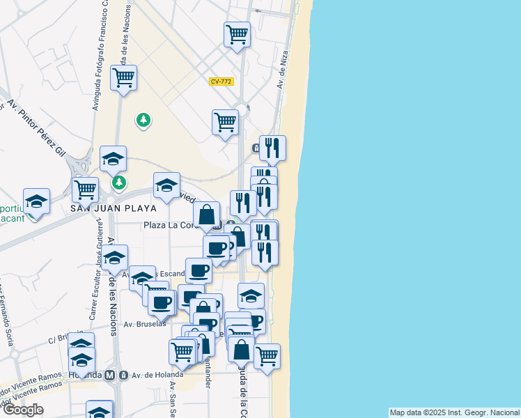 map of restaurants, bars, coffee shops, grocery stores, and more near 26 Avenida de Niza in Alicante (Alacant)