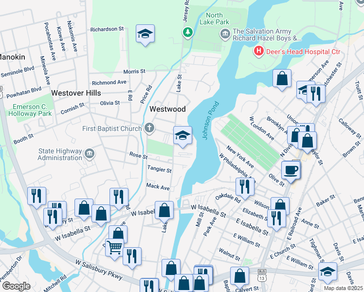 map of restaurants, bars, coffee shops, grocery stores, and more near 711 Lake Street in Salisbury