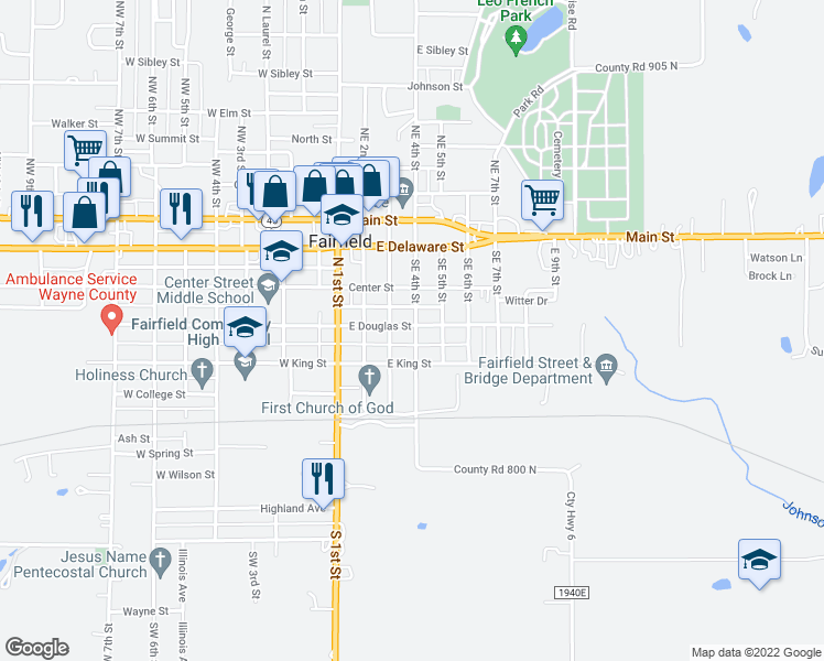 map of restaurants, bars, coffee shops, grocery stores, and more near 400-446 SE 3rd St in Fairfield