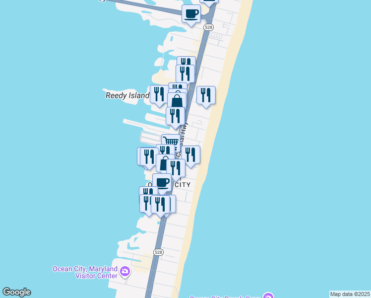 map of restaurants, bars, coffee shops, grocery stores, and more near 16 51st Street in Ocean City